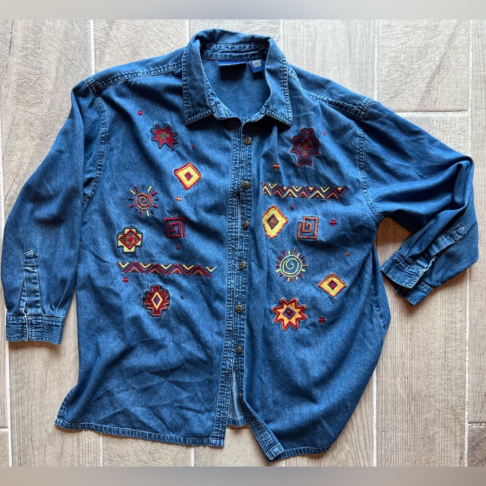 Denim embroidered geometric design button down shirt.